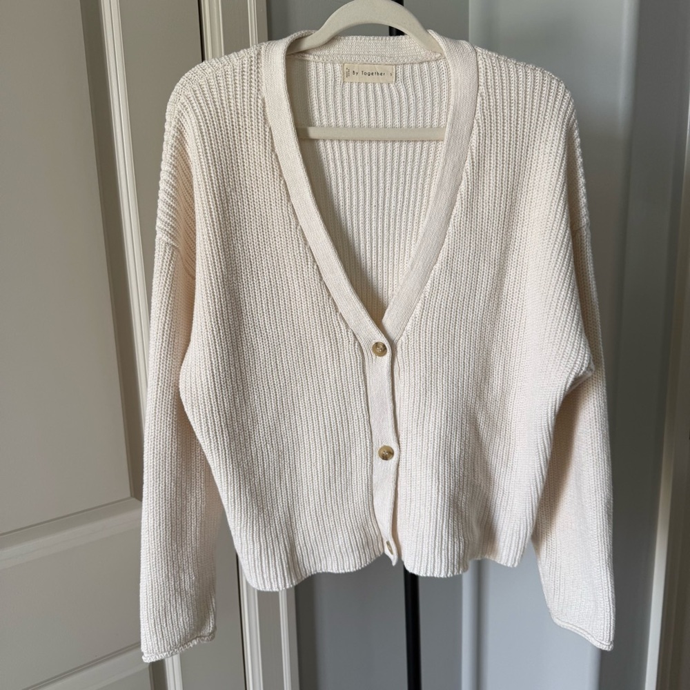By Together Cream Chunky Knit Cotton Cardigan Fisherman Sweater Size S